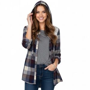 Rustic Outfitters Women's Plaid Lace Hooded Button Shirt Medium Capsule Cotton